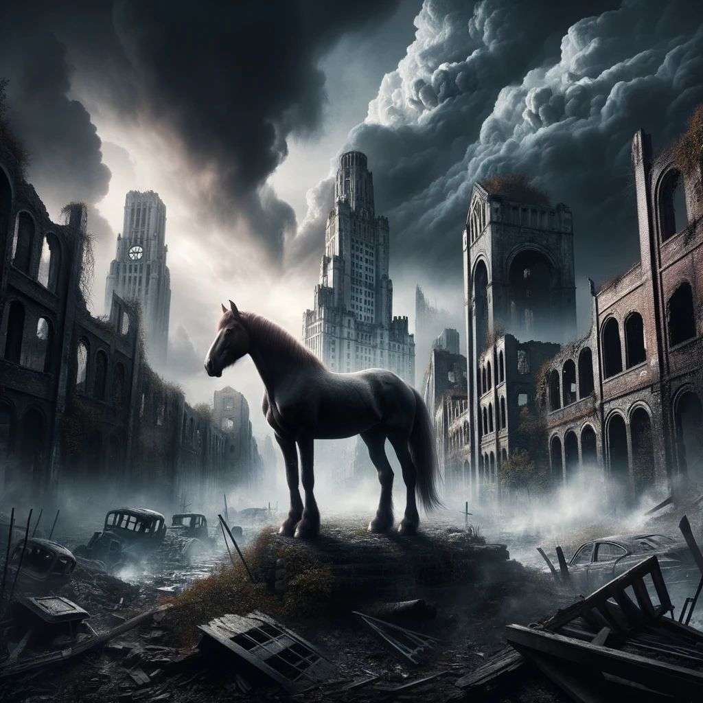 a horse, digital art, dystopia